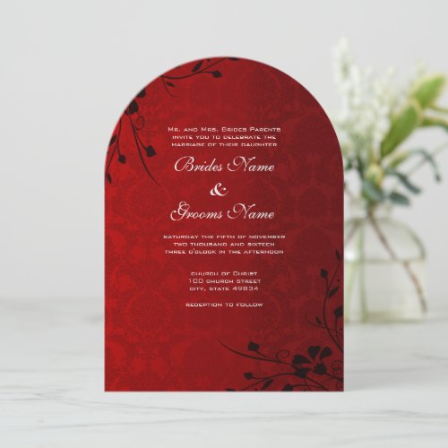 Black Swirls Lighter Red Metallic Damask Wedding Personalized Invitations