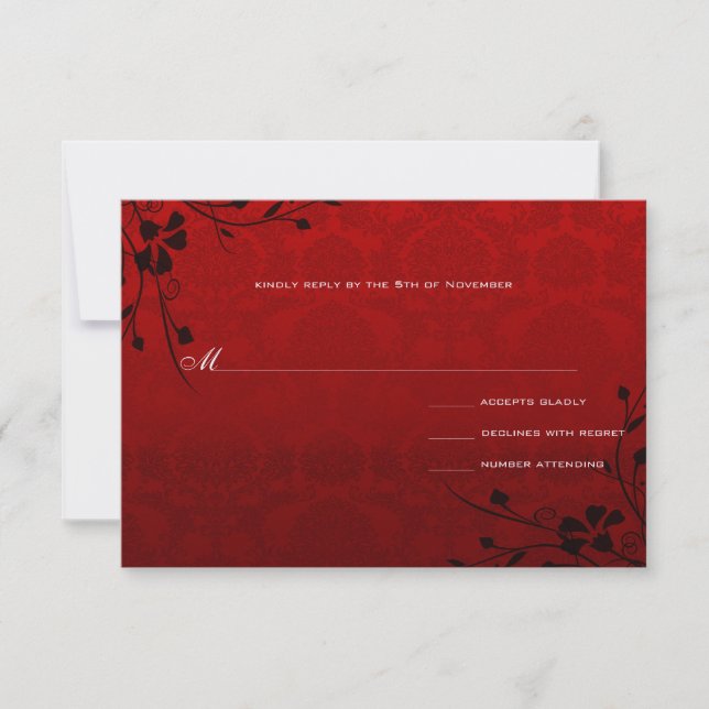 Black Swirls Lighter Red Metallic Damask Wedding RSVP Card (Front)