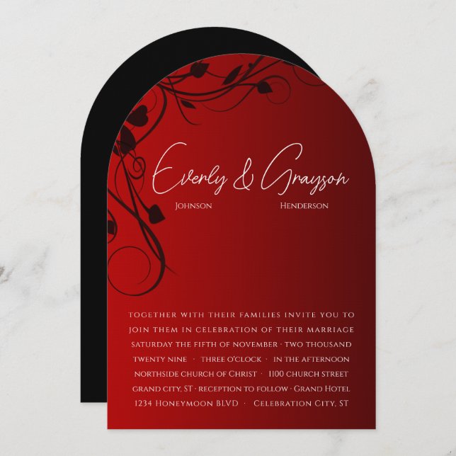 Black Swirls on Red Wedding Invitation (Front/Back)