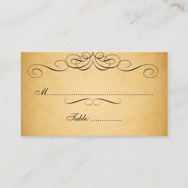 Black Swirls Vintage Wedding Place Card (Front)
