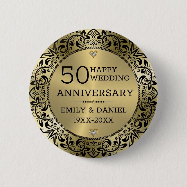 Black swirly frame 50th wedding anniversary button (Front)