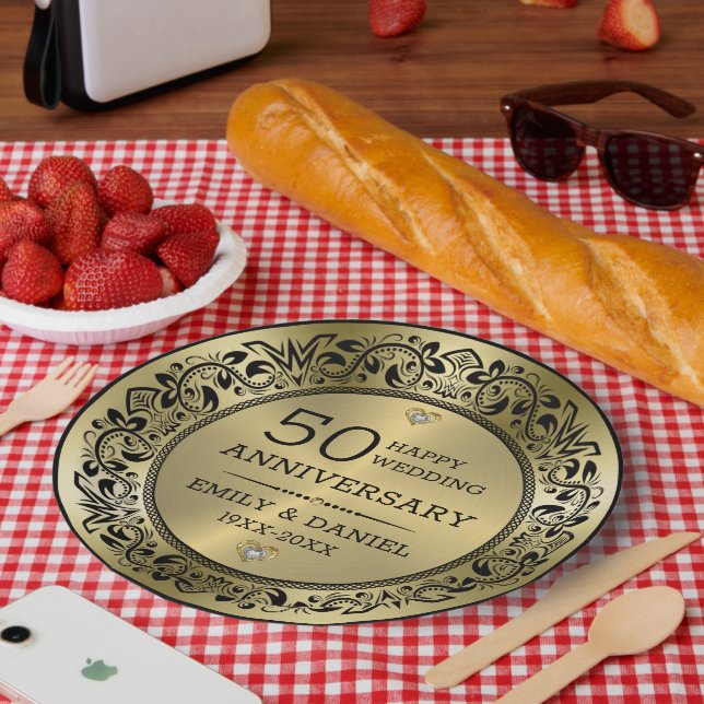 Black swirly frame 50th wedding anniversary paper plates (Picnic)