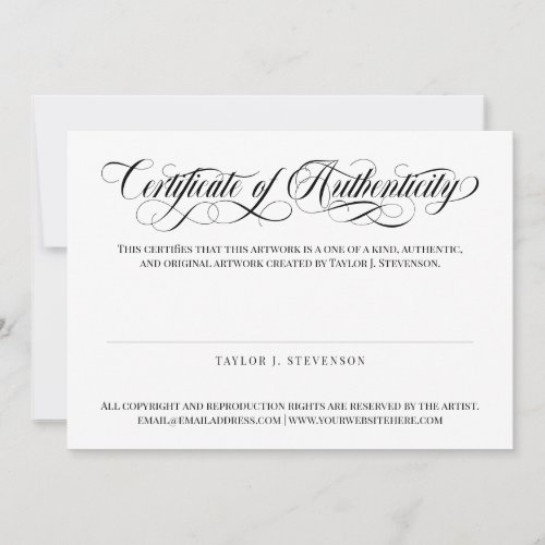 Black Swirly Script Certificate of Authenticity