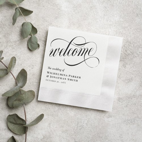 Black Swirly Script Wedding Welcome Napkins