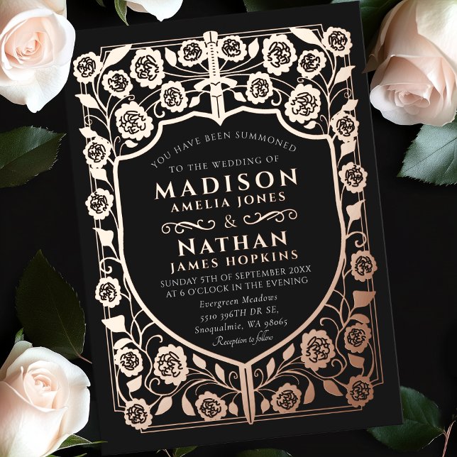 Black Sword Shield Medieval Monogram Wedding Foil Invitation (Creator Uploaded)