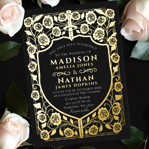 Black Sword Shield Medieval Monogram Wedding Foil Invitation