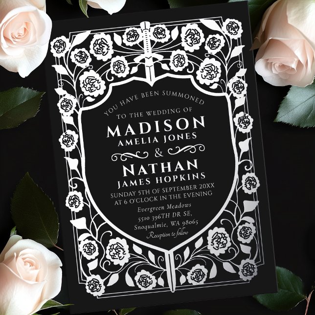Black Sword Shield Medieval Monogram Wedding Foil Invitation (Creator Uploaded)