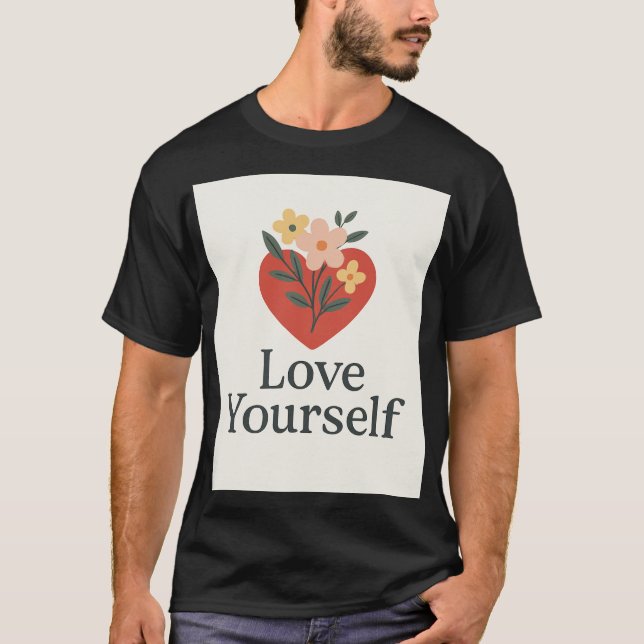 Black T-shirt "Love Yourself" with heart pattern a (Front)