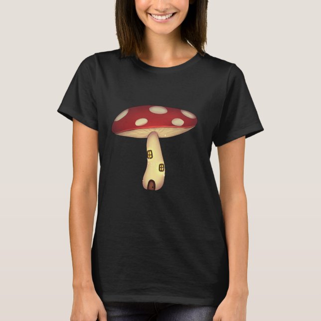 black t-shirt with mushroom print (Front)
