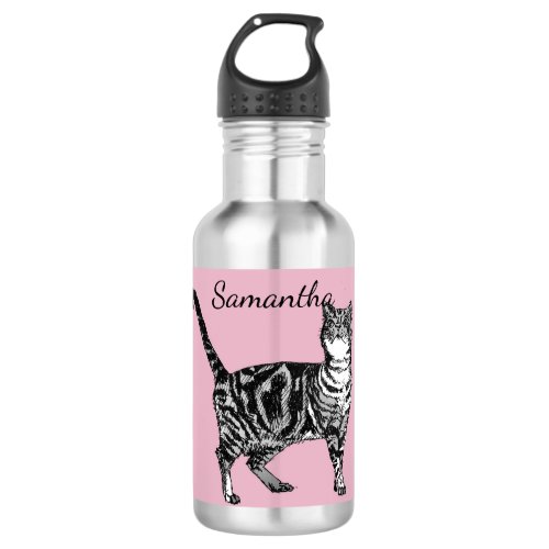 Black Tabby Cat Cats Blush Pink Water Bottle