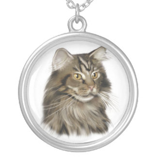 Black Tabby Maine Coon Cat Silver Plated Necklace