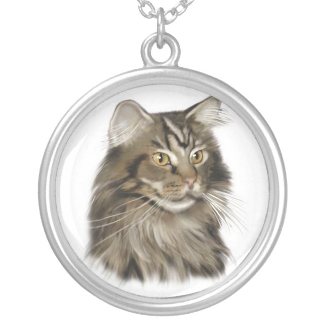 Black Tabby Maine Coon Cat Silver Plated Necklace (Front)