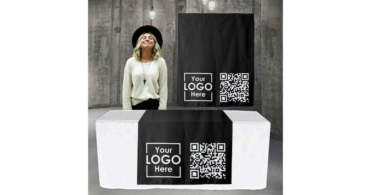 Black Table Runner Banner Business Logo QR Code Tapestry | Zazzle