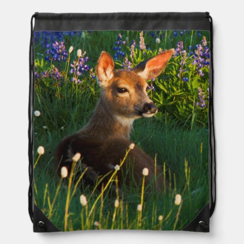 Black_tail Deer Fawn alpine wildflowers Drawstring Bag