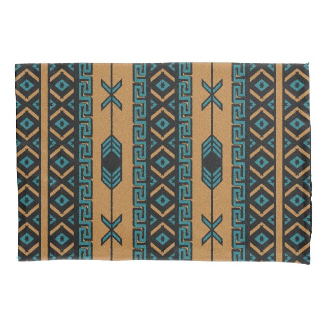 Black Tan And Turquoise Aztec Pattern Pillow Case (Front)