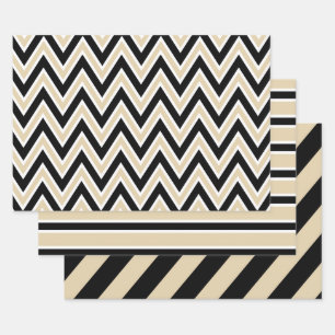 Black, Tan, and White Chevron & Bold Stripe Wrapping Paper Sheets