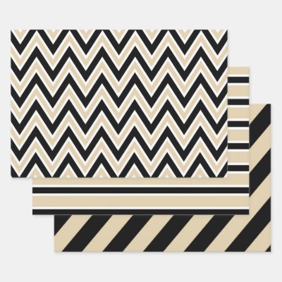 Black, Tan, and White Chevron &amp; Bold Stripe Wrapping Paper Sheets