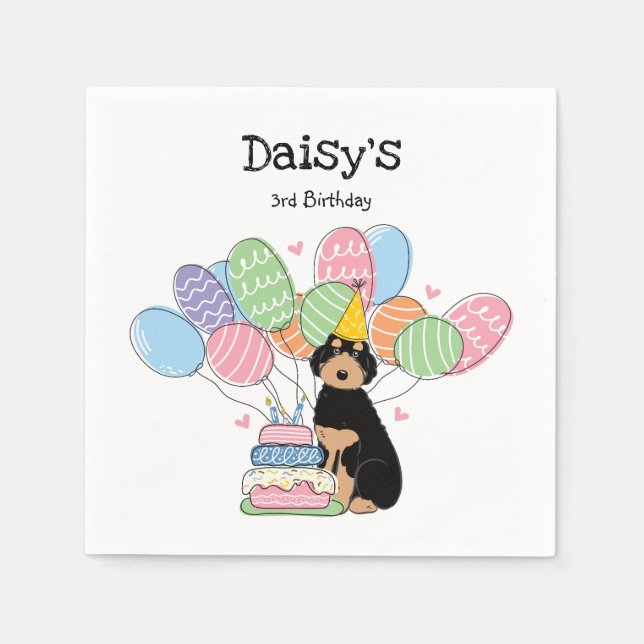 Black Tan Aussiedoodle Dog Birthday Party Paper  Napkins (Front)