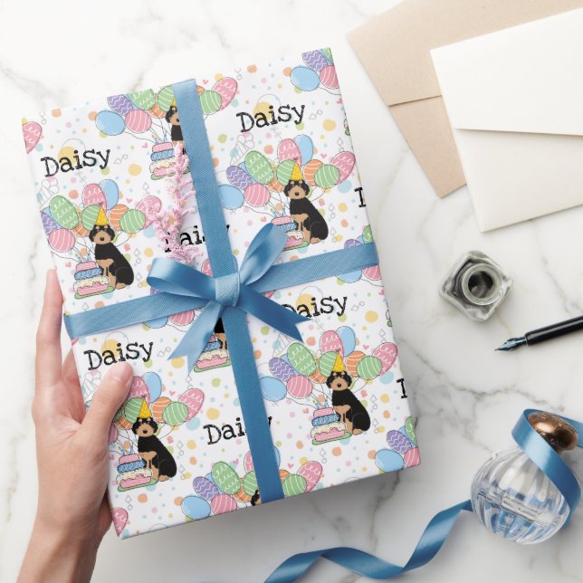 Black Tan Aussiedoodle Dog Birthday Party Wrapping Paper (Gifting)