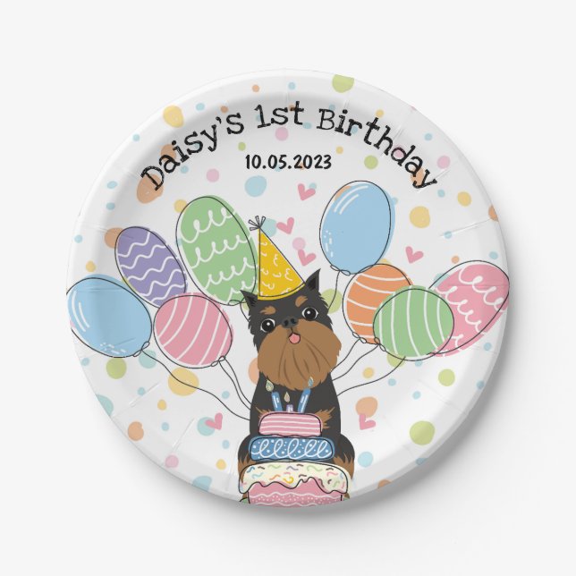 Black Tan Brussels Griffon Dog Birthday Party Paper Plates (Front)