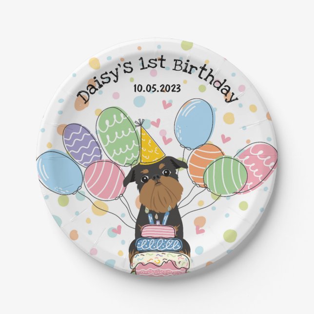 Black Tan Brussels Griffon Dog Birthday Party Paper Plates (Front)