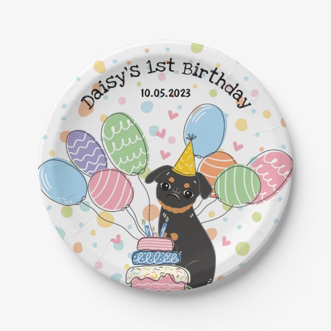 Black Tan Brussels Griffon Dog Birthday Party Paper Plates (Front)