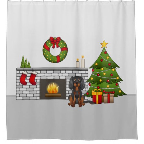 Black  Tan Cavalier Dog In A Christmas Room Shower Curtain