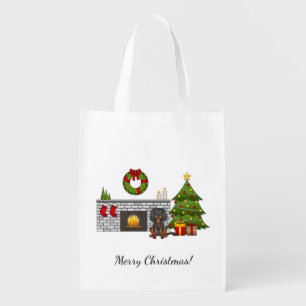 Black & Tan Cavalier In A Christmas Room Grocery Bag