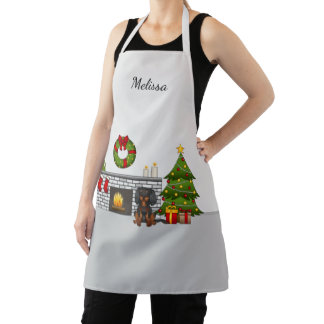 Black &amp; Tan Cavalier In A Christmas Room &amp; Name Apron