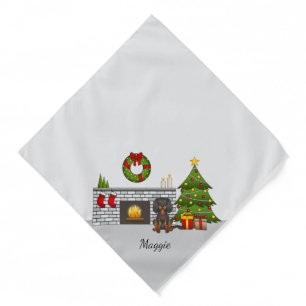 Black & Tan Cavalier In A Christmas Room & Name Bandana