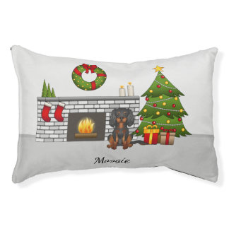 Black &amp; Tan Cavalier In A Christmas Room &amp; Name Pet Bed