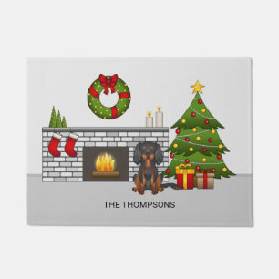 Black & Tan Cavalier In A Christmas Room & Text Doormat