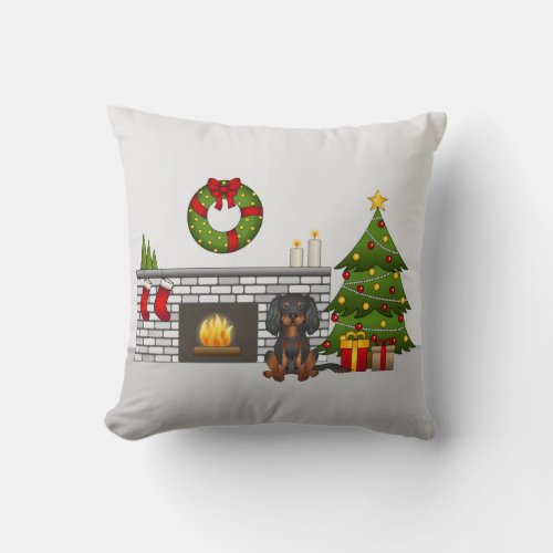 Black  Tan Cavalier In A Festive Christmas Room Throw Pillow