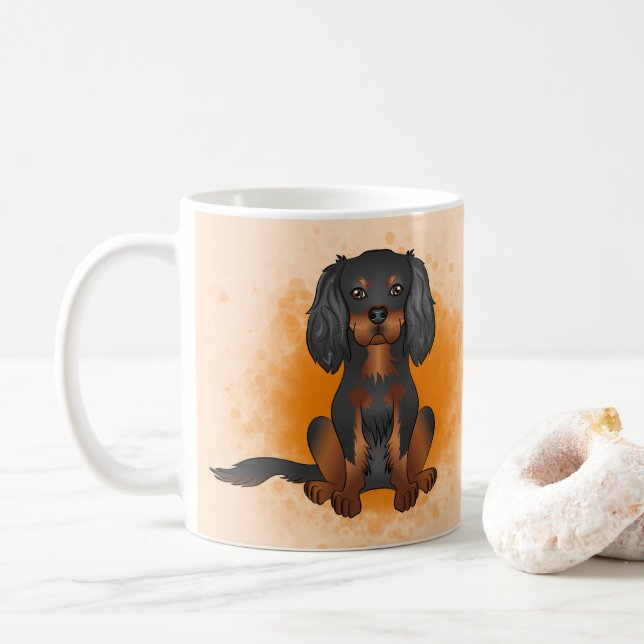 Black & Tan Cavalier King Charles Dog On Orange Coffee Mug (With Donut)