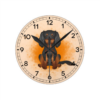 Black &amp; Tan Cavalier King Charles Dog On Orange Round Clock