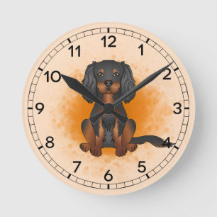 Black & Tan Cavalier King Charles Dog On Orange Round Clock