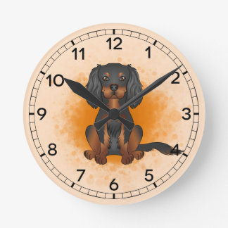 Black &amp; Tan Cavalier King Charles Dog On Orange Round Clock