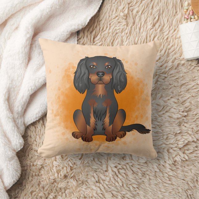 Black & Tan Cavalier King Charles Dog On Orange Throw Pillow (Blanket)