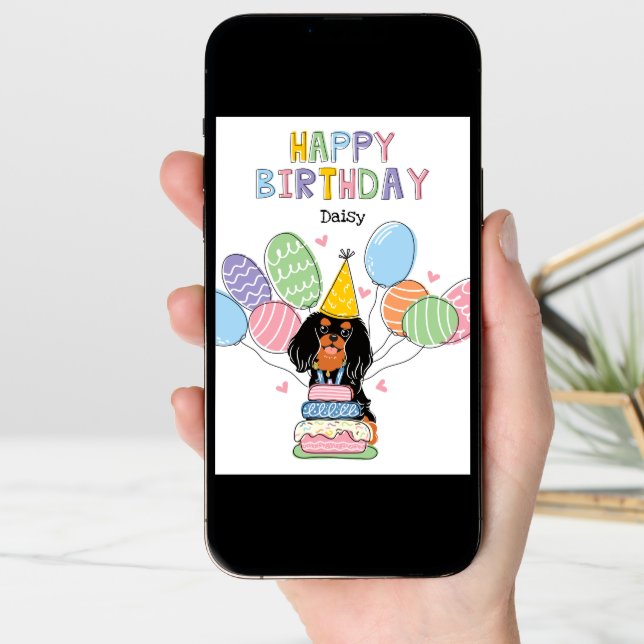 Black Tan Cavalier King Charles Spaniel Birthday Card (Front Digital)