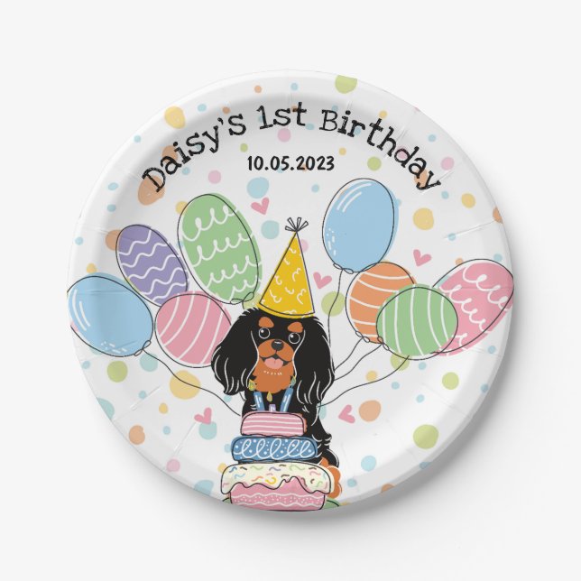 Black Tan Cavalier King Charles Spaniel Birthday Paper Plates (Front)