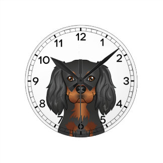 Black &amp; Tan Cavalier King Charles Spaniel Dog Head Round Clock