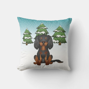 Black Tan Cavalier King Charles Spaniel In Winter Throw Pillow