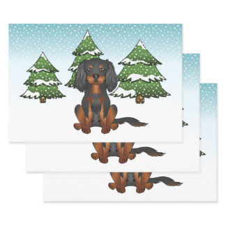 Black Tan Cavalier King Charles Spaniel In Winter Wrapping Paper Sheets