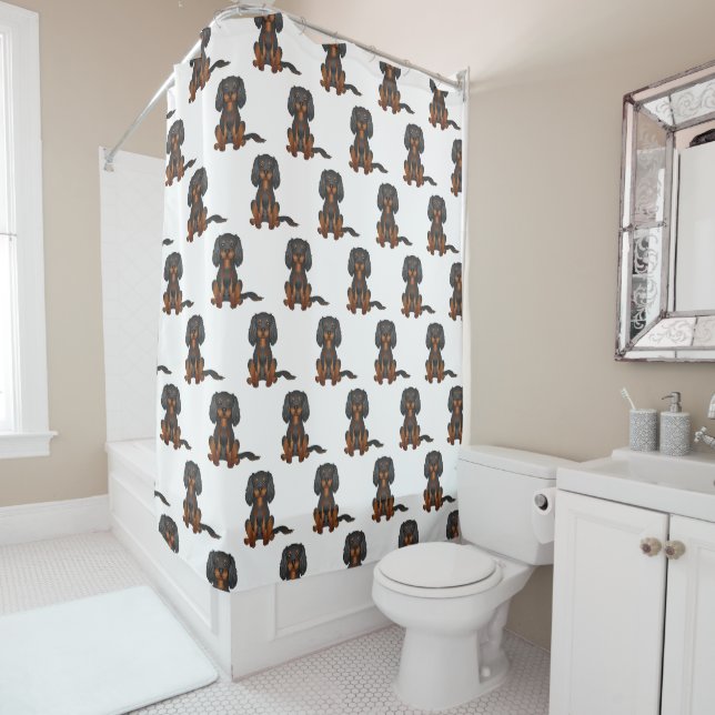 Black & Tan Cavalier King Charles Spaniel Pattern Shower Curtain (In Situ)