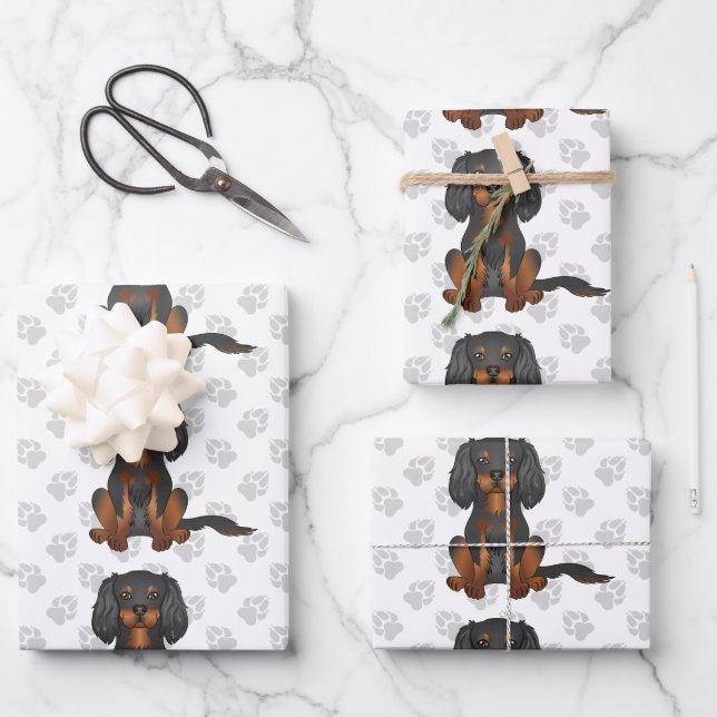Black & Tan Cavalier King Charles Spaniel Pattern Wrapping Paper Sheets (Front)