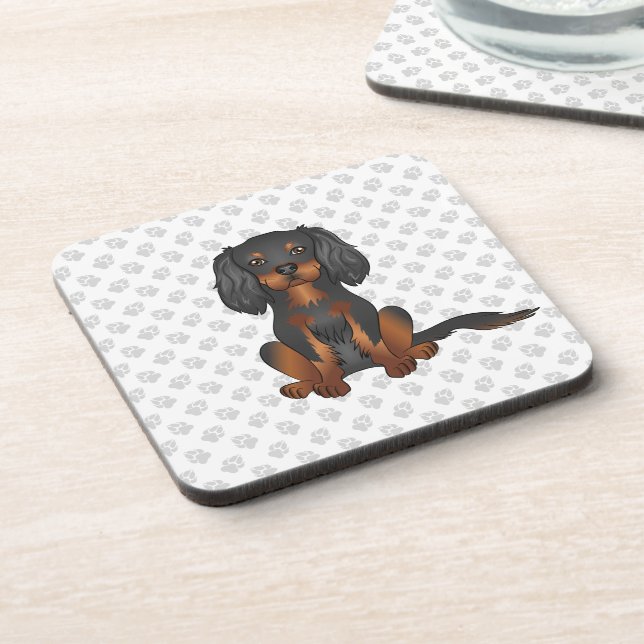 Black & Tan Cavalier King Charles Spaniel & Paws Beverage Coaster (Left Side)