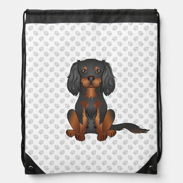 Black & Tan Cavalier King Charles Spaniel & Paws Drawstring Bag (Front)