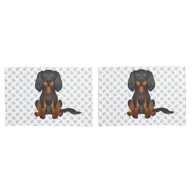 Black & Tan Cavalier King Charles Spaniel & Paws Pillow Case (Front-Set)