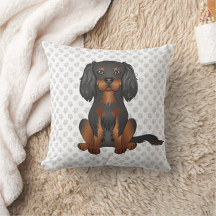 Black & Tan Cavalier King Charles Spaniel & Paws Throw Pillow