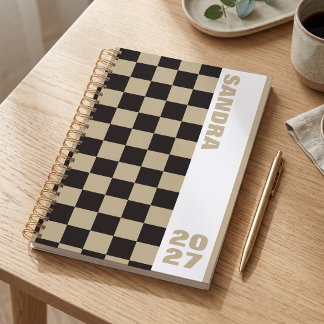 Black Tan Checkered Custom Name Year 2027 Spiral Planner